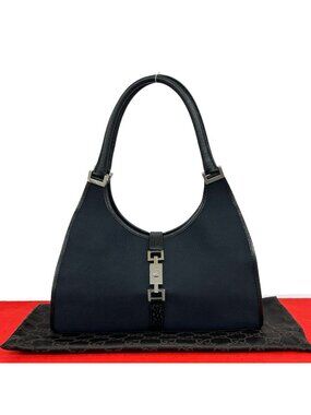Gucci Jackie Canvas Leather Tote Shoulder Bag Handbag Black